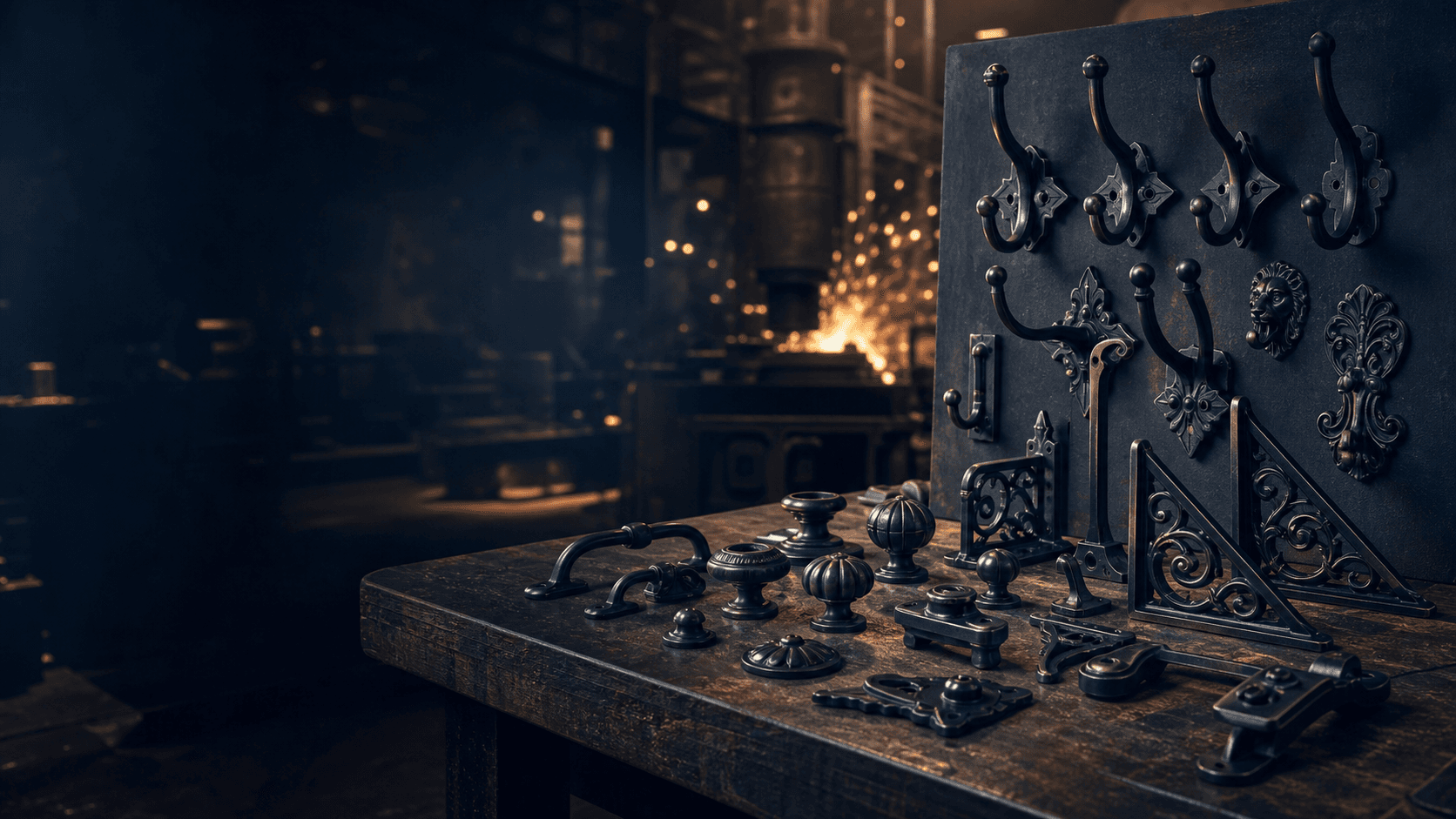Cast iron architectural hardware arranged in a premium manufacturing environment